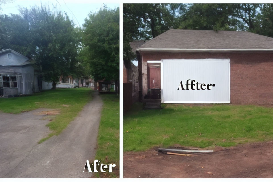 Outdoor area transformation: Pathway & houses on the left, misspelled "After" on the
