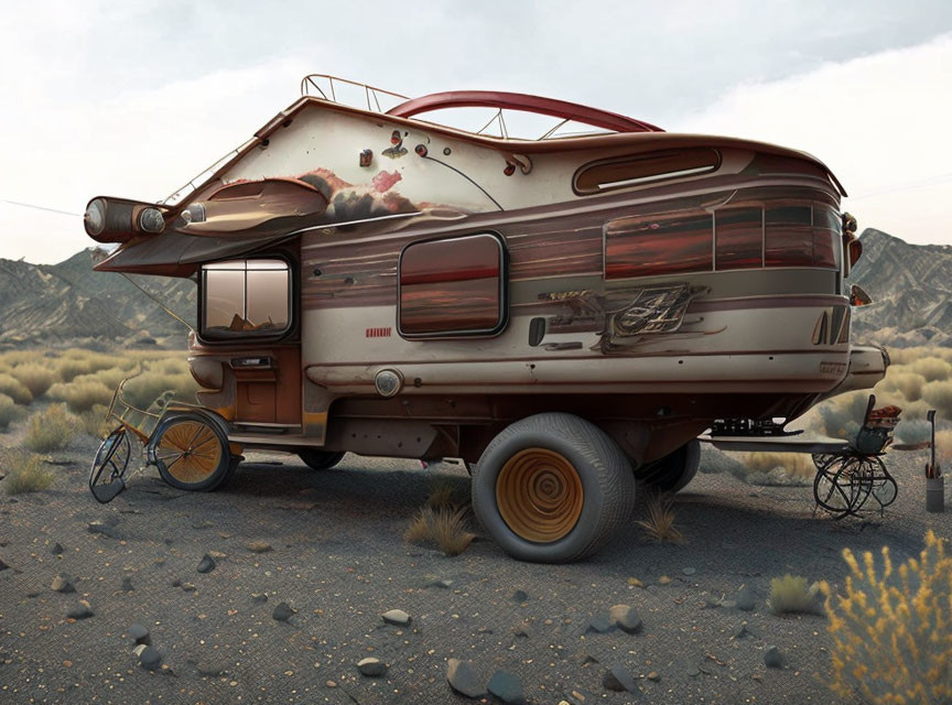 Futuristic RV with jet engines in desert next to old-fashioned bicycle