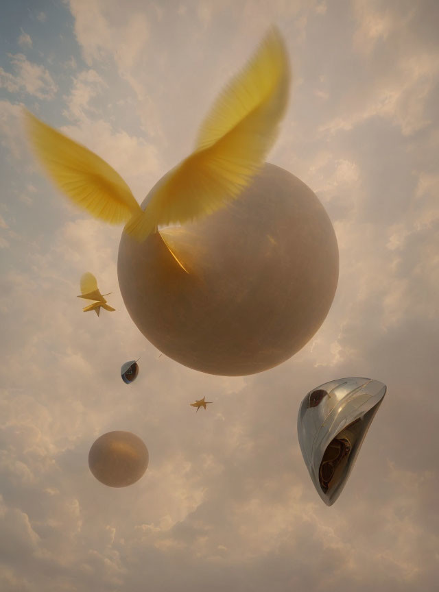 Surreal floating orbs and objects with large winged sphere in cloudy sky