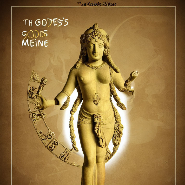 Intricate multi-armed deity statue on golden background