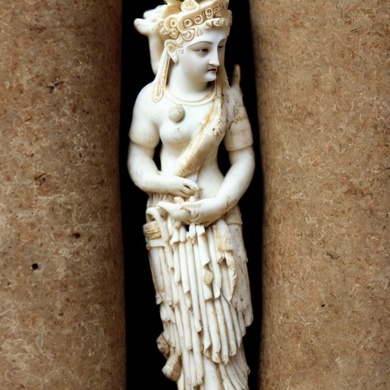Intricately Carved Ivory Statue Between Two Large Cylindrical Stones
