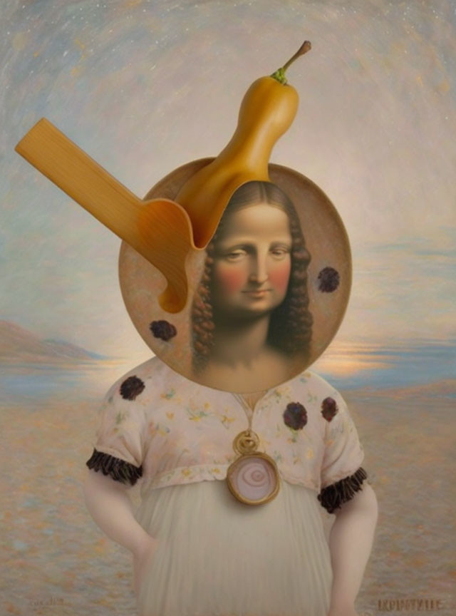 Surreal composite: Mona Lisa with violin body and pear head on soft-focus backdrop