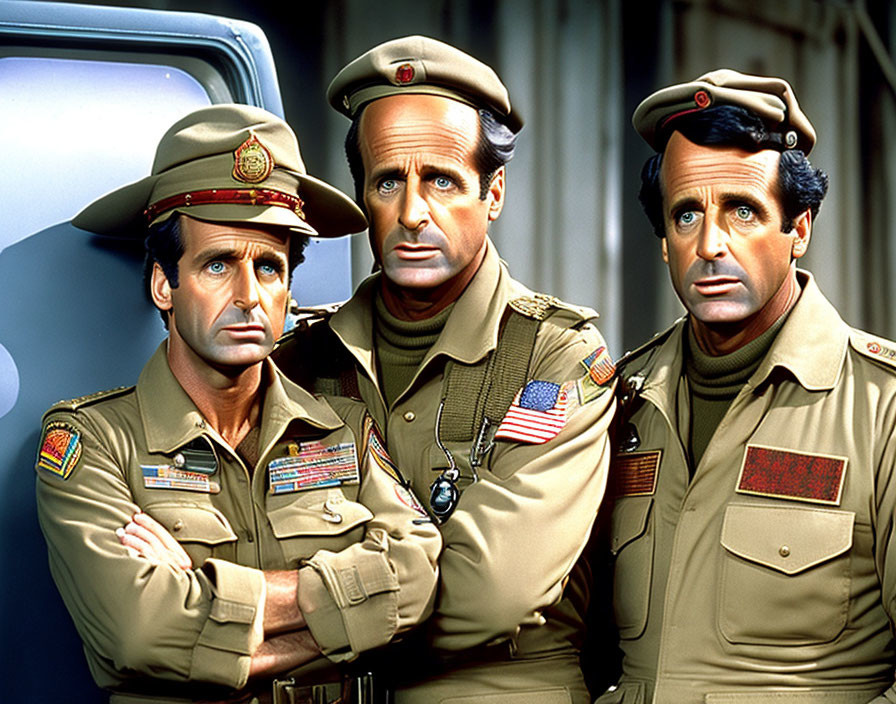 Three actors in military uniforms with badges, standing close together with serious expressions