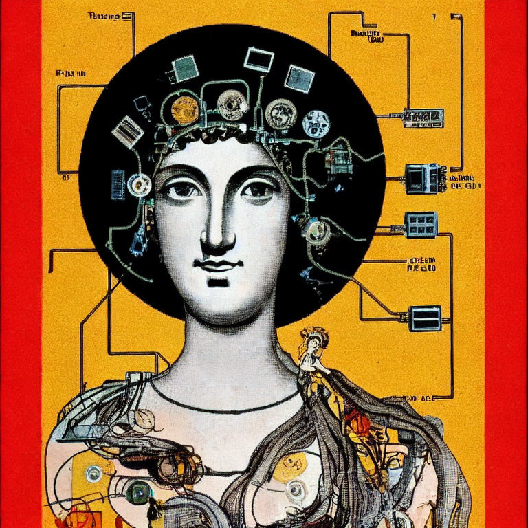 Blended graphic of Vitruvian Man and circuitry on classic painting