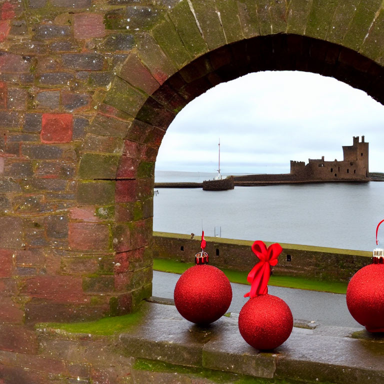 Castle View Through Stone Archway with Christmas Ornaments and Overcast Skies