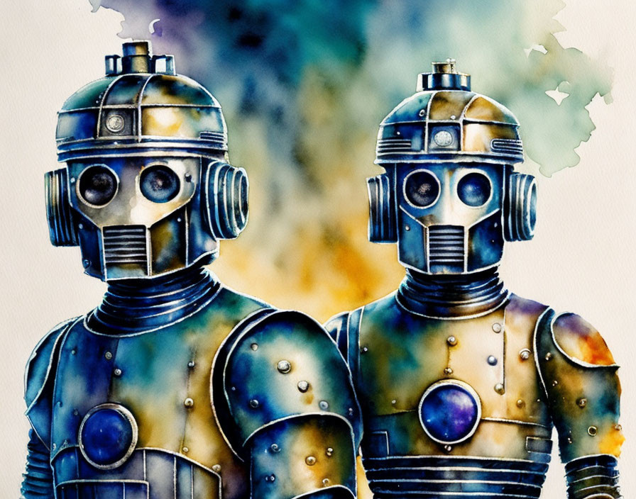 Steampunk-style robots with gear designs in blue and rusty watercolor.