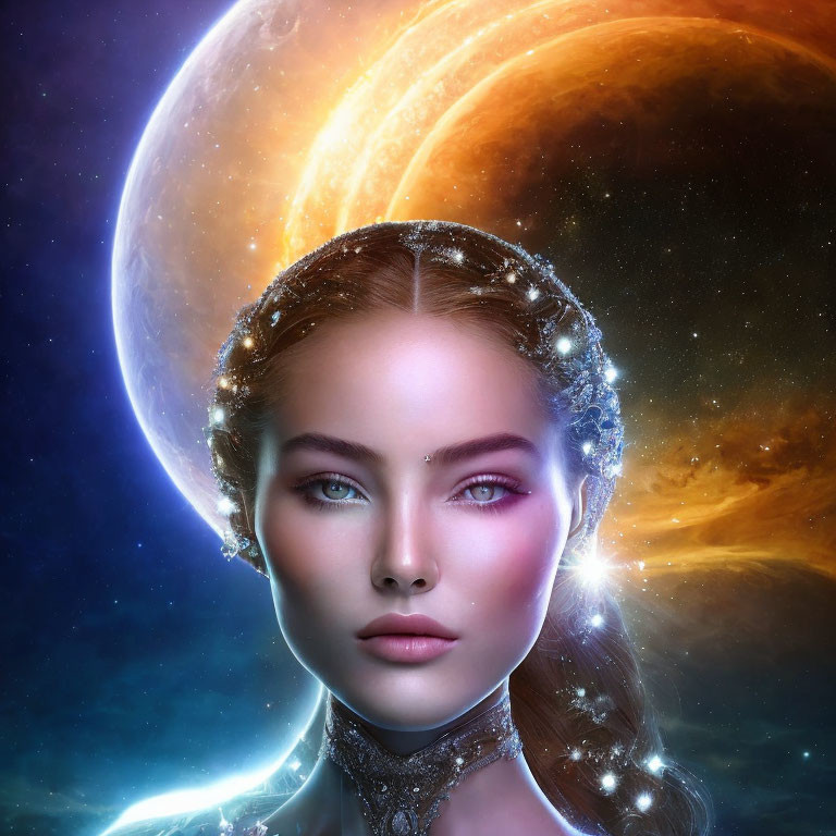 Digital artwork: Woman with celestial features, crystal adornments, cosmic backdrop, two planets