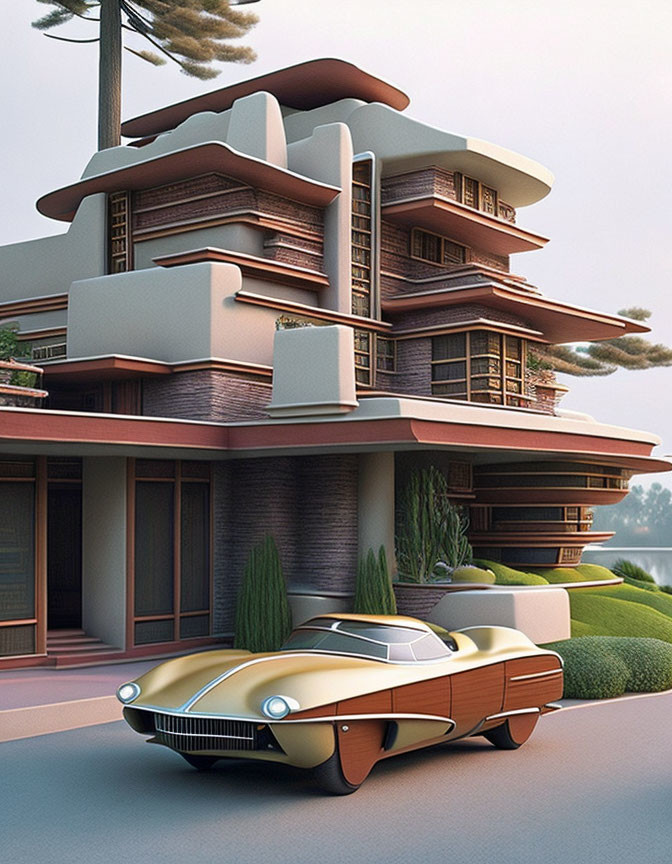 Retro-futuristic car parked near unique multi-tiered building