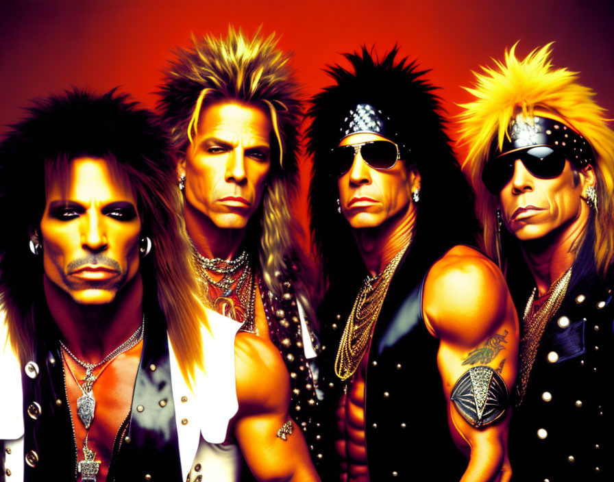 Four Men with Dramatic Hairstyles and Leather Outfits in 80s Glam Rock Style
