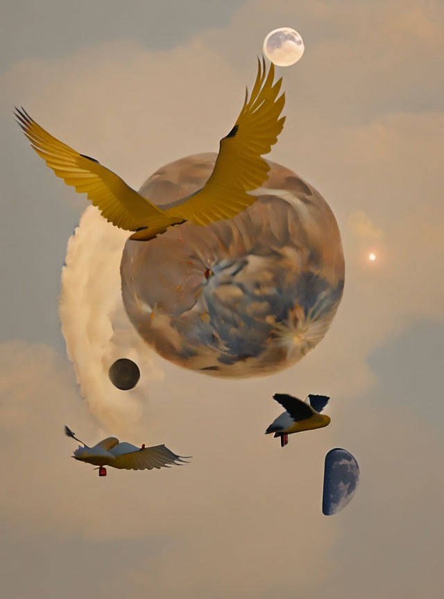 Bird in Flight Against Surreal Sky with Moons and Floating Objects