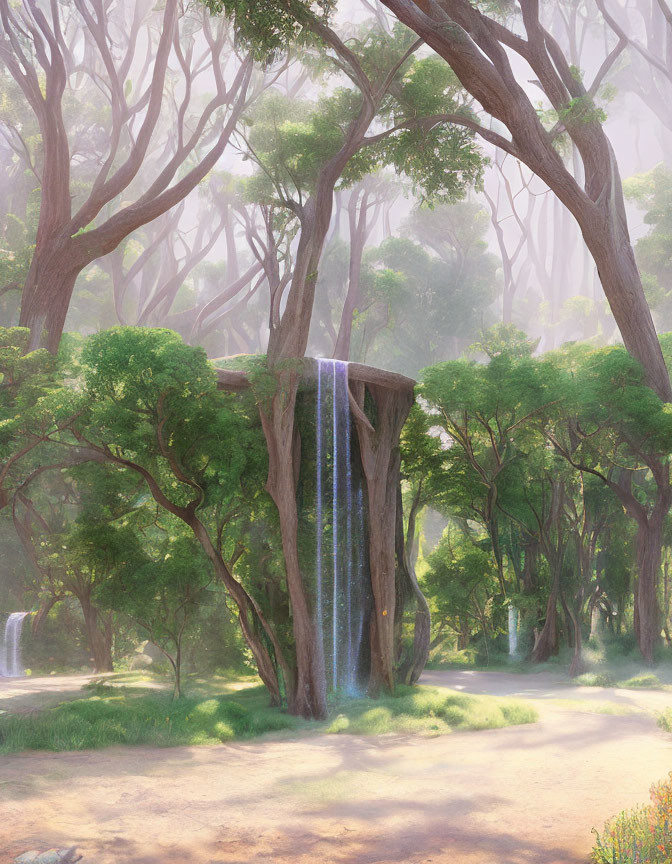 Tranquil forest scene with waterfall tree in misty sunlight forest
