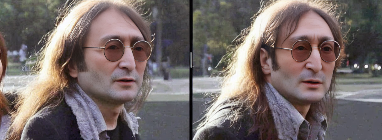Side-by-side comparison of two images: person with long hair and round glasses, one with enhanced colors