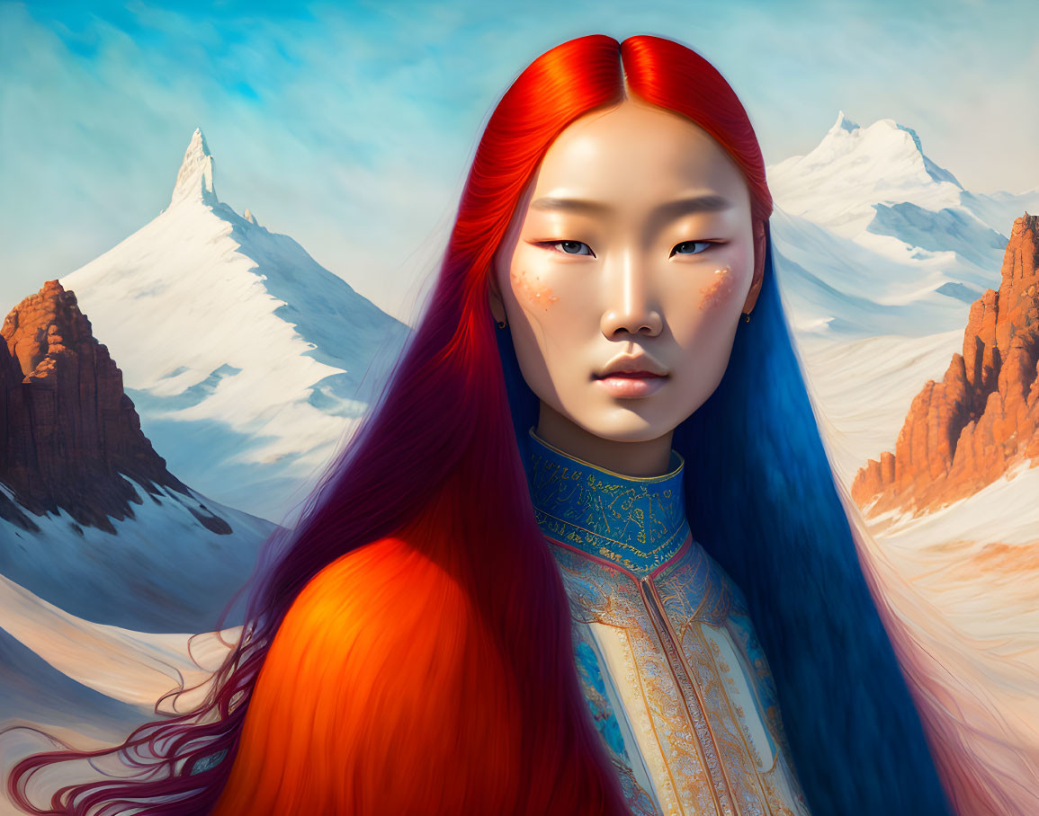 beautiful young Mongolian woman with fire red hair