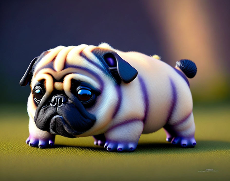 Cartoonish stylized pug with expressive features on soft background