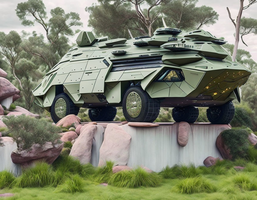 Futuristic armored military vehicle on elevated terrain with greenery.