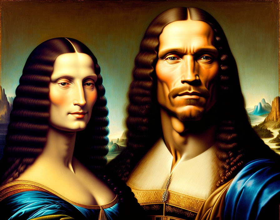 Modern stylized Mona Lisa with male counterpart in mountain backdrop