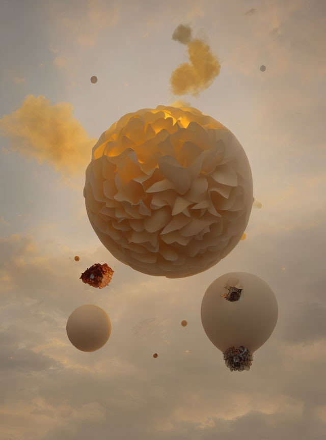 Surreal floating spheres with textured flower bulbs under cloudy sunset sky