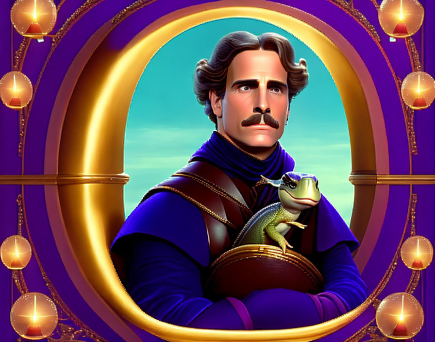 Stylized man with mustache holding chameleon in blue outfit framed by golden oval with light bulbs