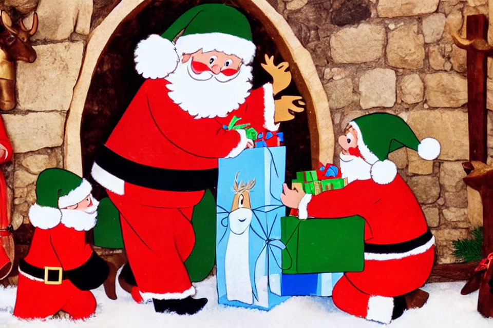 Festive Animated Scene: Santa, Elves, Gifts, Fireplace, Reindeer