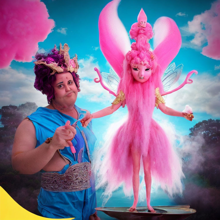 Person in costume next to fantastical pink fairy in whimsical sky scene