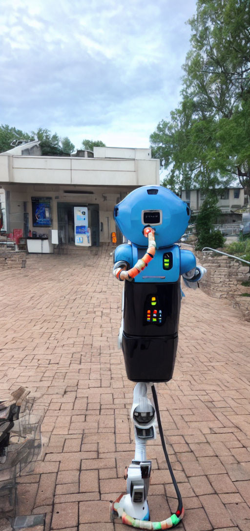Blue and Black Robot with Display Screen and Orange Hosing on Brick Plaza near ATMs