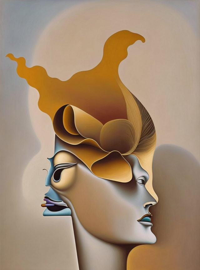 Surreal painting of blended faces and profiles creating depth