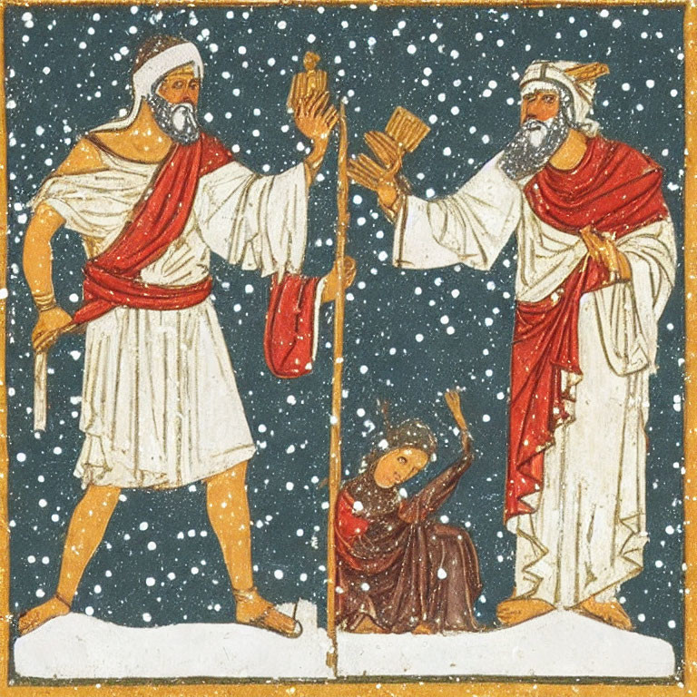 Ancient manuscript illustration of two bearded men in traditional robes