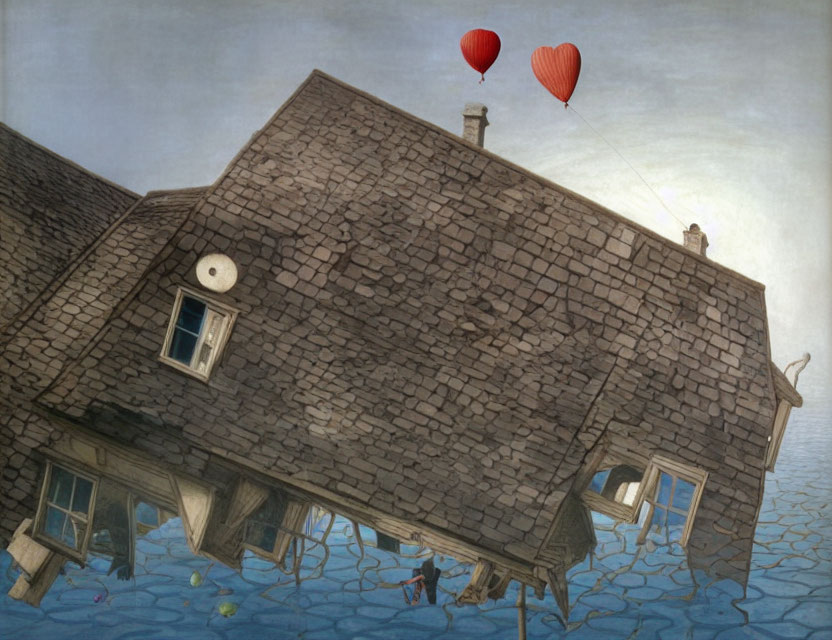 Whimsical painting of crooked house with heart-shaped balloons in cloudy sky