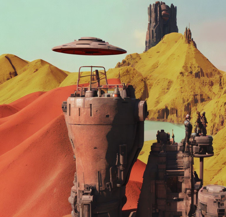 Futuristic landscape with flying saucer over rocky desert and industrial structures