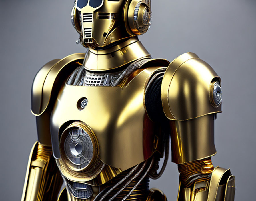 Detailed Gold Robotic Figure with Human-Like Form on Grey Background