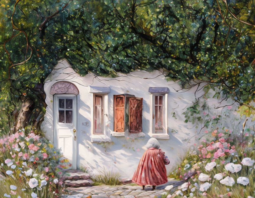 Elderly person in red cloak approaching quaint white cottage surrounded by greenery