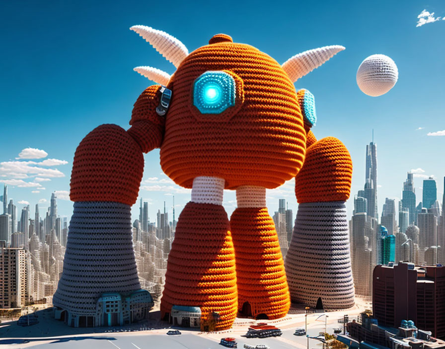 An evil crocheted giant mecha attacks a city