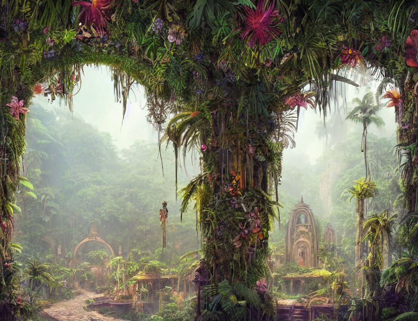 Lush jungle with vibrant flowers and hidden ruins in foggy atmosphere