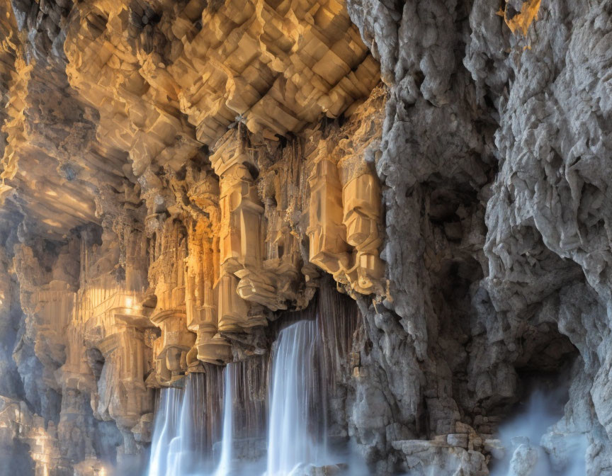 Majestic cave with intricate stalactites and gentle waterfall