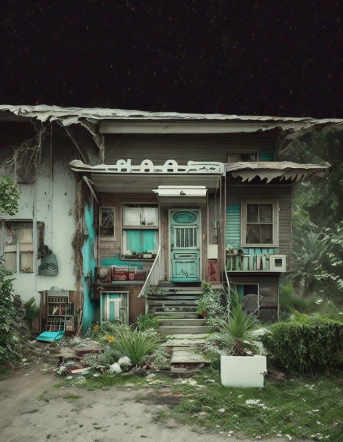Weathered two-story house with turquoise door, overgrown foliage, under starry sky