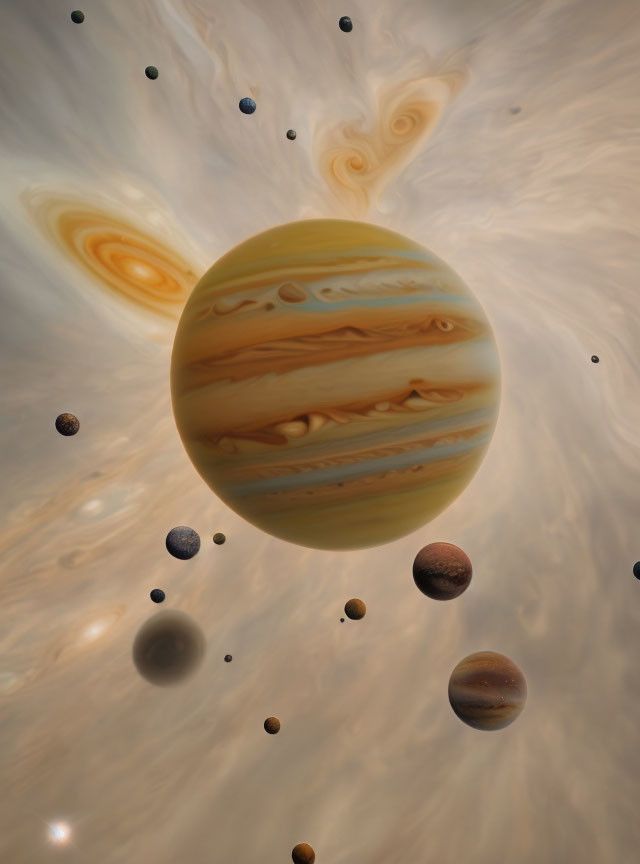 Gas Giant with Swirling Clouds and Moons in Creamy Space Sky