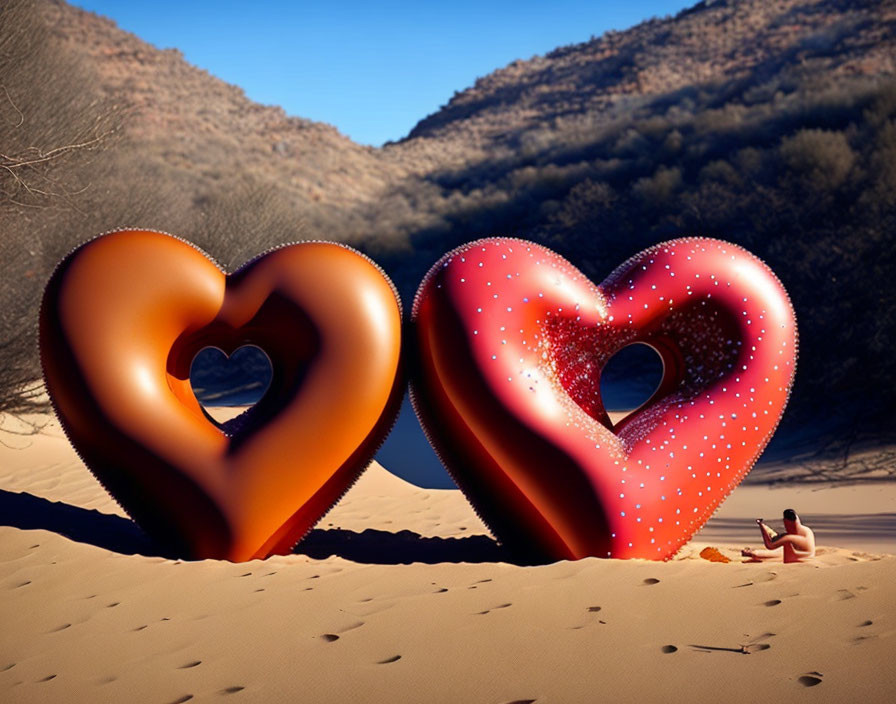 Desert Setting with Giant Heart-Shaped Sculptures and Solitary Figure