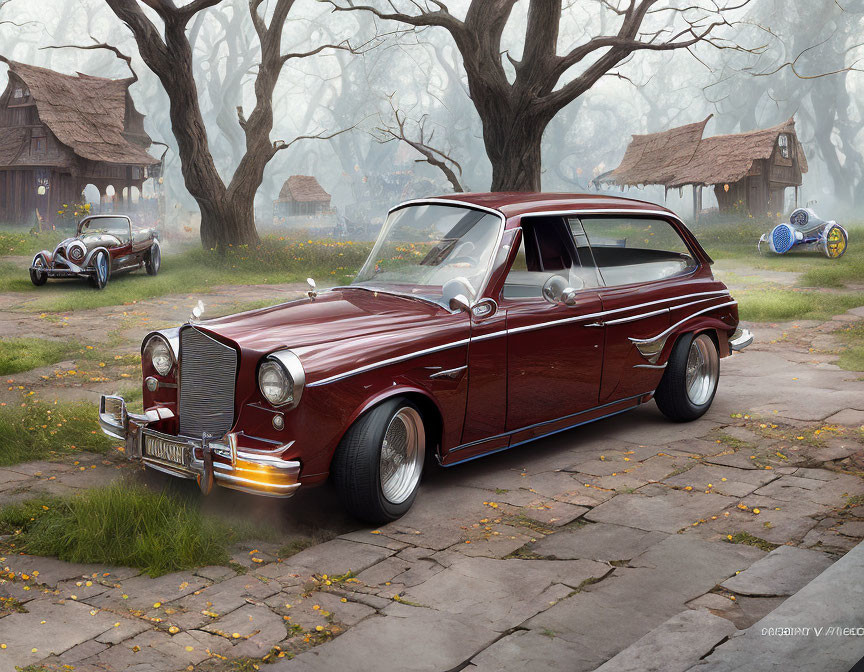 Vintage Maroon Car with Chrome Details in Foggy Village Street