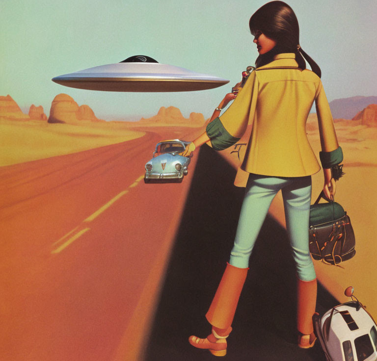 Retro-futuristic woman with flying saucer and classic car on desert road