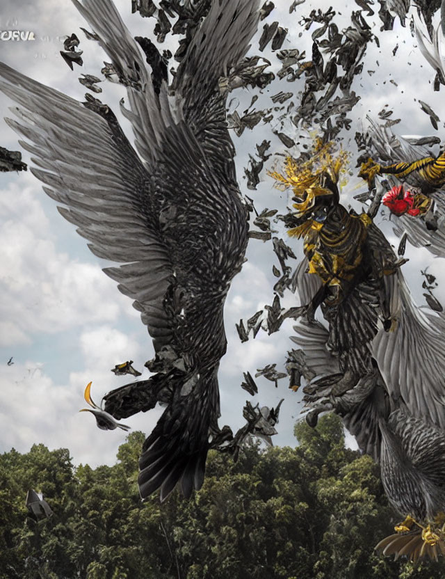 Digital artwork of large eagles in mid-air battle with smaller birds and intricate debris