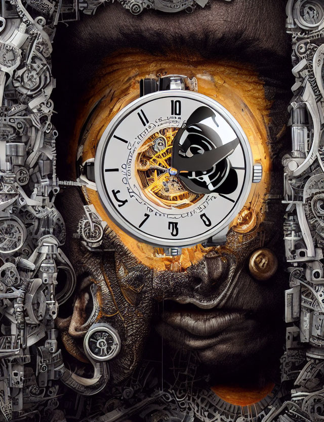 Mechanical collage creating face with luxury watch eye, blending precision with human features