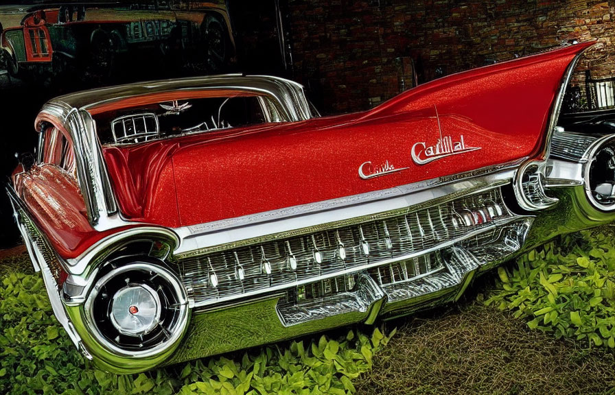 Vintage Red Cadillac with Chrome Details and White-Wall Tires Reflecting Greenery