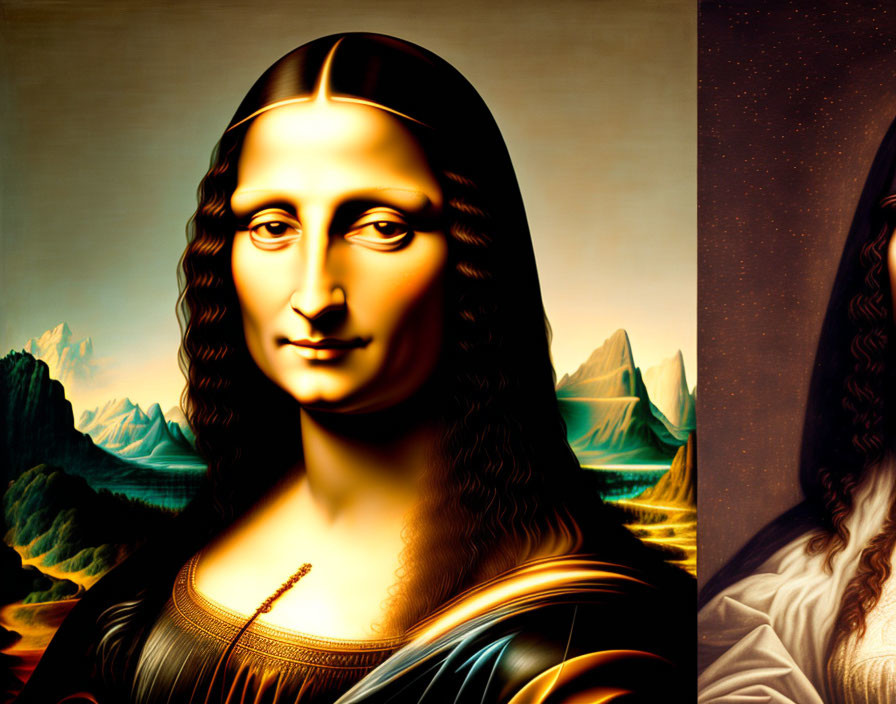 Vividly colored Mona Lisa with exaggerated features against mountainous backdrop