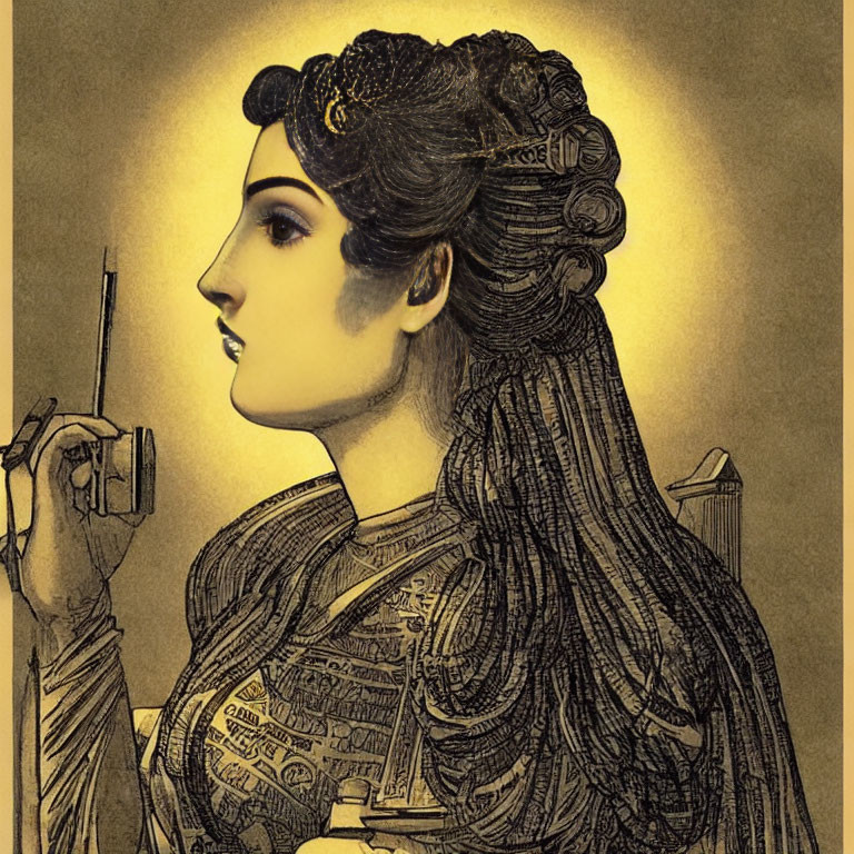 Vintage-style Woman Profile Illustration with Elaborate Hair and Attire