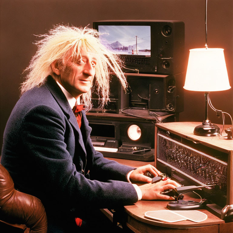 Blond person in suit at desk with vintage TVs and lamp.