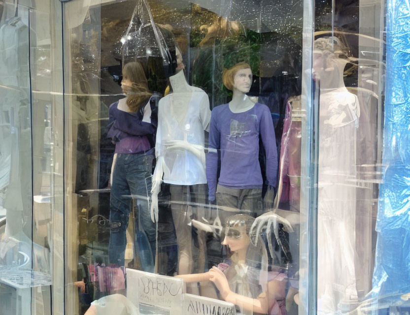 Casual clothing mannequins displayed in shop window with reflections and plastic sheeting.