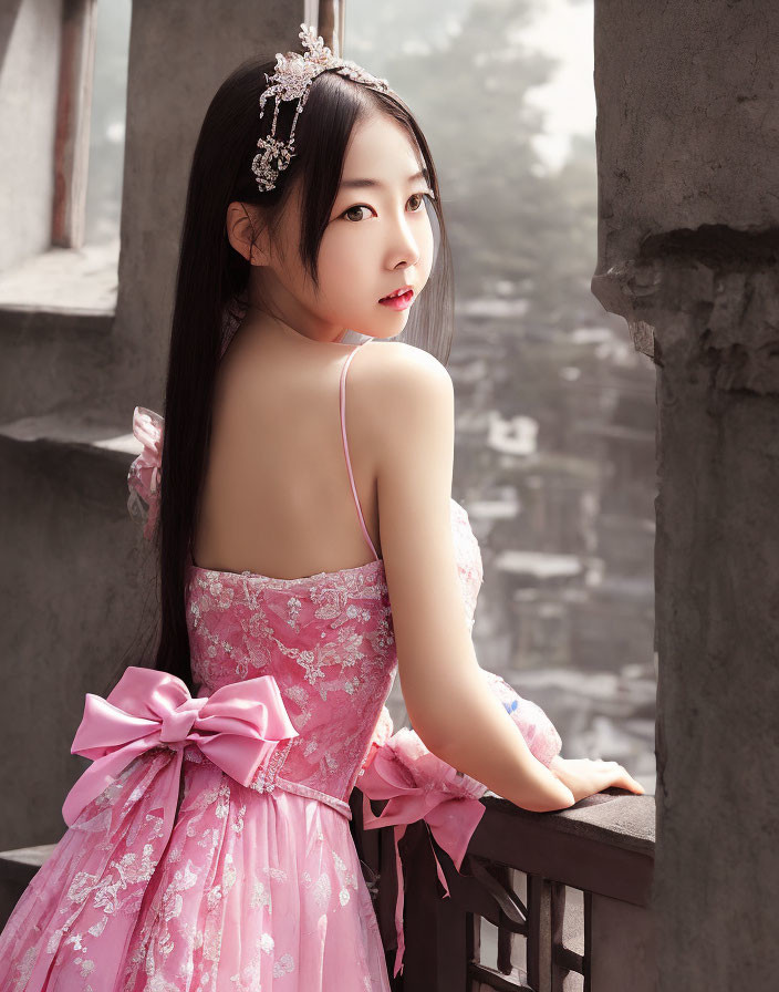 Woman in pink traditional dress with ribbon and hair accessory by dark railing
