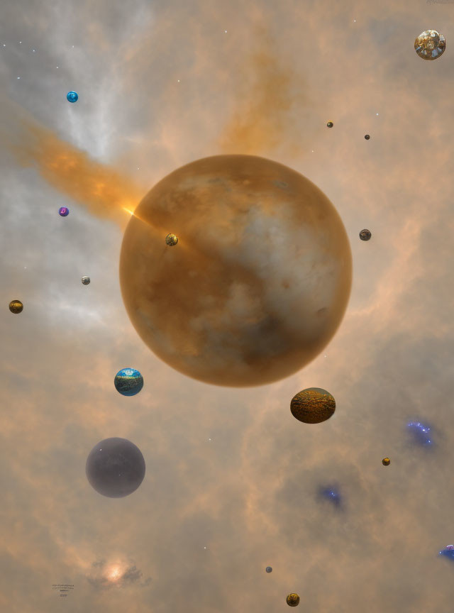 Multiple colorful planets in cosmic scene with gas clouds and stars