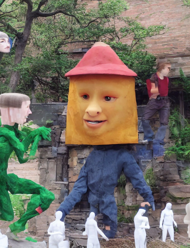 Surreal collage featuring oversized cheese head, red hat, green man, and ruin backdrop.