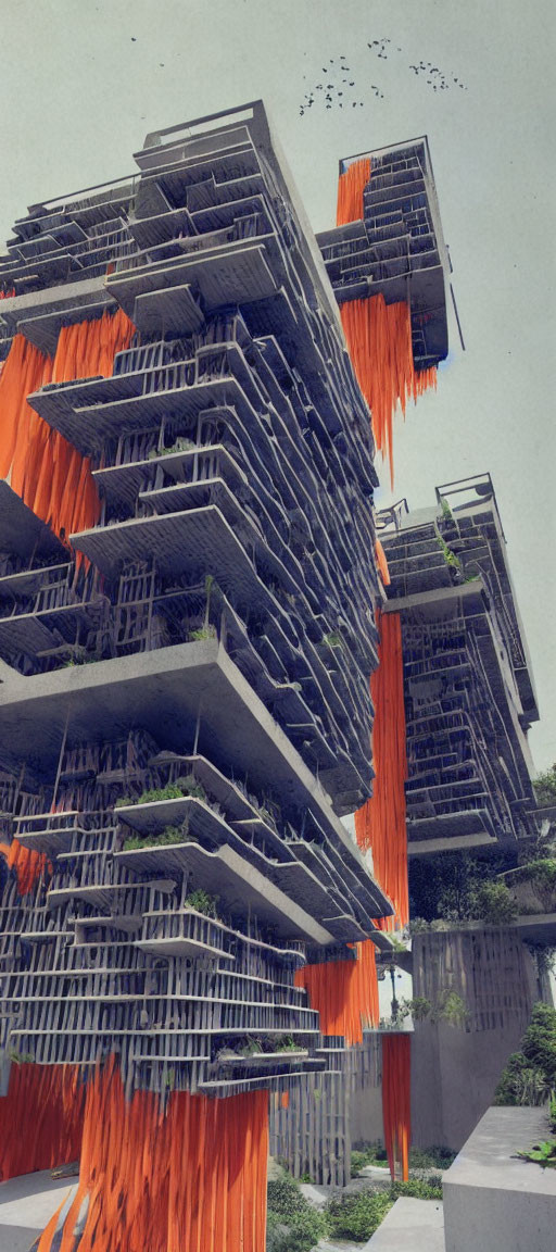 Futuristic high-rise building with greenery and orange accents in urban landscape